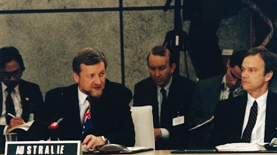 Then foreign minister Gareth Evans (left) representing Australia at the Paris conference on Cambodia on October 23, 1991, at which the Paris Peace Agreement was signed.