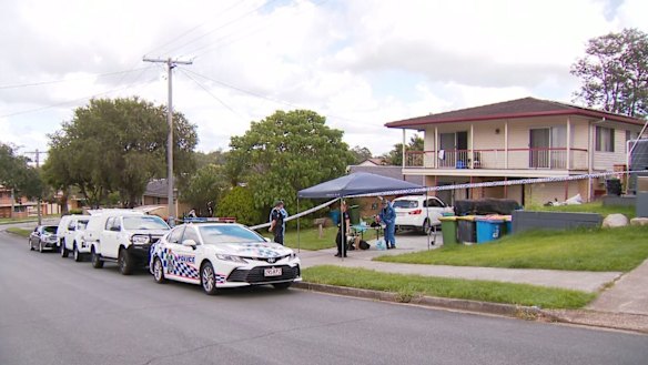 Police outside the Strathpine home on Monday morning.