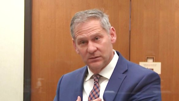 Prosecutor Steve Schleicher questions, Barry Brodd, a use of force expert in the trial of former Minneapolis police Officer Derek Chauvin in Minneapolis. 