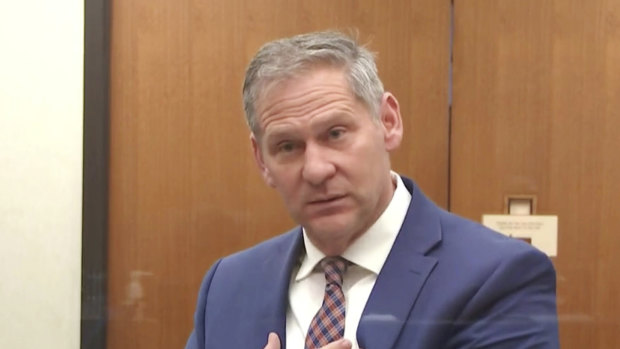 Prosecutor Steve Schleicher questions, Barry Brodd, a use of force expert in the trial of former Minneapolis police Officer Derek Chauvin in Minneapolis. 