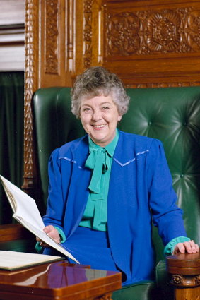 Joan Child pictured in the Speaker's chair, 1986