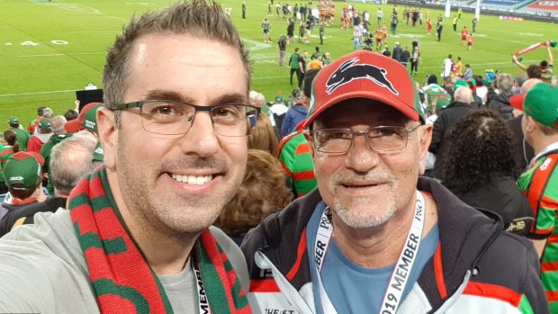 Jim Couri with his son Anthony at a Rabbitohs game.