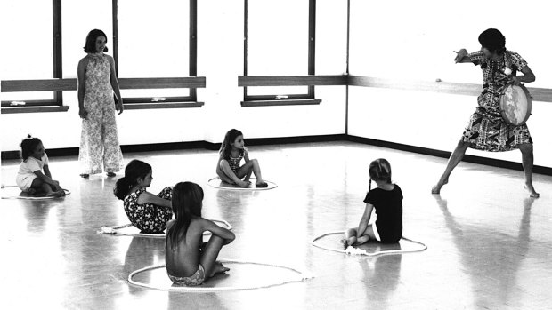 Dorotea Mangiamele (right) teaching creative dance in the early years of the Mangala studio she founded in 1970. 