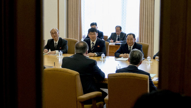 US Secretary of State Mike Pompeo, bottom left, and Kim Yong-chol, top right, North Korean senior ruling party official and former intelligence chief, meet at the Park Hwa Guest House in Pyongyang. 
