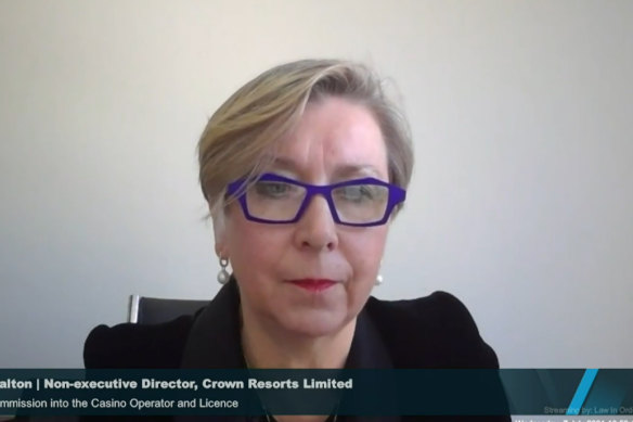 Crown Resorts director Jane Halton gives evidence to Victoria’s royal commission into Crown Resorts on Wednesday. 