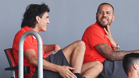 Lance Franklin watches from the stands on Sunday.