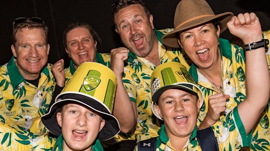The Buckley crew prepare to cheer for Australia on Boxing Day at the MCG. Adrian Buckley and Karen Buckley top left with Jacob Buckley bottom left.