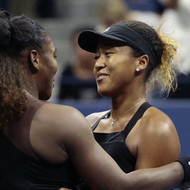 Serena Williams hugs Naomi Osaka, of Japan, after Osaka defeated Williams in the women's final of the U.S. Open tennis tournament.