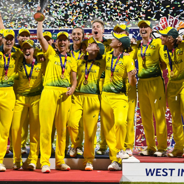 Champions: But Perry was a bit-part player in Australia's World T20 victory last year.
