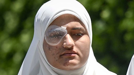 Ranem Abu-Izneid and mother Rana outside the Royal Melbourne Hospital before Ranem’s eye surgery on Wednesday. 