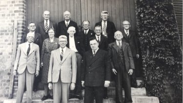 Morris Boot Factory managers outside the Paddington Factory in 1941, with David Loosemore’s grandfather Douglas Loosemore (left) and great uncle James Stephens (front right).