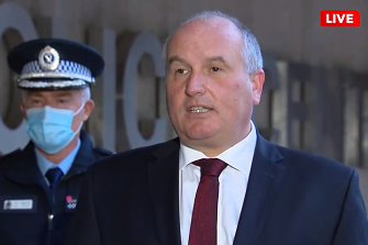 NSW Police Minister David Elliott fronting media on Saturday. 