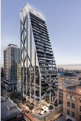 The sloped side of the tower faces towards Brisbane's city centre.