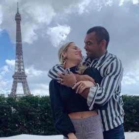 Kurtley Beale and wife Maddie in front of the Eiffel Tower.