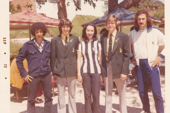 Rene Colusso (second from right) and Berti Mariani (second from left) with members of Santos FC in 1972.