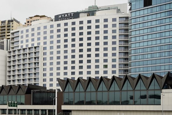 The view from Darling Harbour of the Hyatt Regency Sydney hotel.