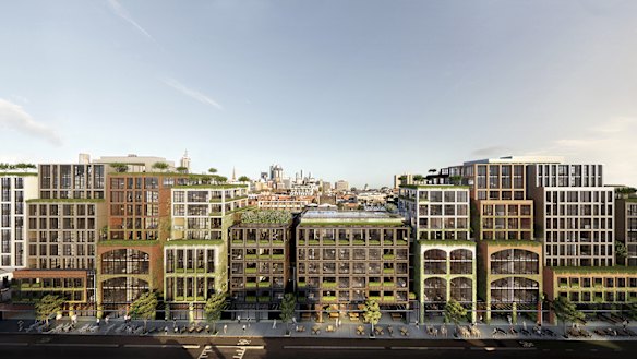 The final design has nine unique buildings juxtaposed with different materials.