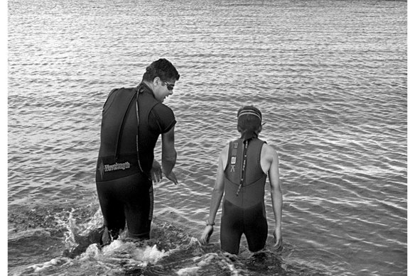 Steve Bracks and Nick, then 14, before swimming training at Williamstown Beach in preparation for the Lorne Pier to Pub swim.