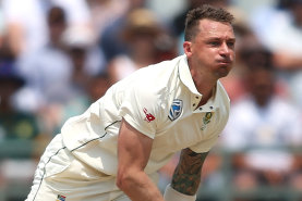 Steyn in full flight for South Africa during a 2019 Test against Pakistan.