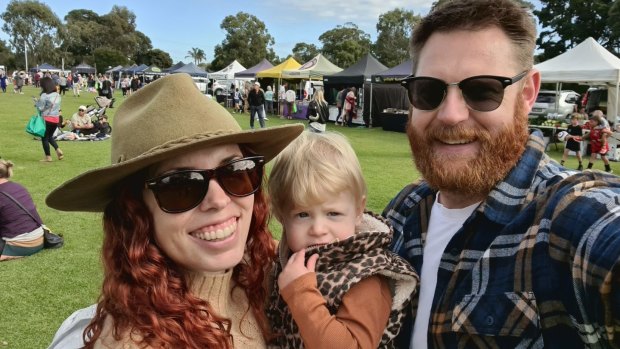 Natalie Dunlop with her son Archer and husband Will.