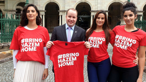 Lamisse, Amira, and Jasmine Hamouda join Stretton MP Duncan Pegg who has raised Hazem Hamouda's plight in a speech in Queensland Parliament.