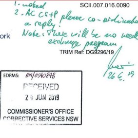 A handwritten note by Peter Severin, the Commissioner of Corrective Services NSW, ruling out a needle exchange was provided as evidence to the NSW inquiry into the drug ice.