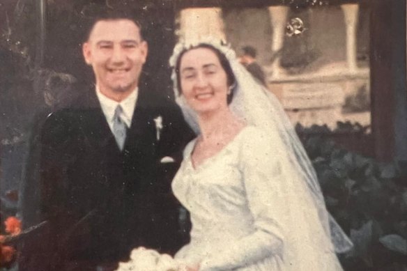 Dominic Amerena’s maternal grandfather, Frances Rush, with his wife, Marea, on their wedding day.