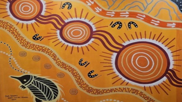 Anaiwan cultural mural at Larvotto Resources’ Hillgrove Hub - the artwork will feature on the Hillgrove high-vis work shirts.