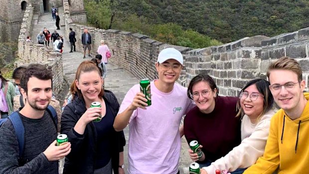 Ciara Morris, second from left, with Peking University classmates on the Great Wall of China in 2019.