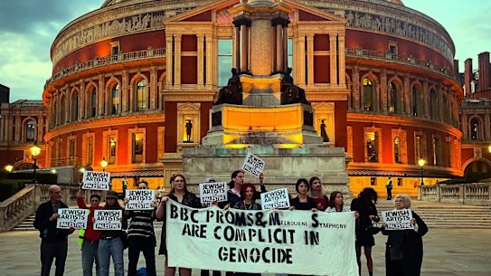 Jewish Artists For Palestine protesters at the Royal Albert Hall in London on Friday night. The group disrupted the orchestra’s performance during a live broadcast for the BBC proms.