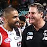 Saints coach Ross Lyon with Brad Hill.