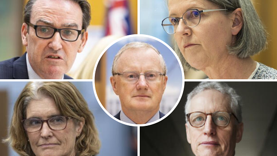 There are several candidates believed to be in the race to replace Reserve Bank governor Philip Lowe (centre). Pictured clockwise from top left are: Treasury secretary Steven Kennedy, Finance Department secretary Jenny Wilkinson, current RBA deputy Michele Bullock, and Australian Bureau of Statistics head David Gruen.