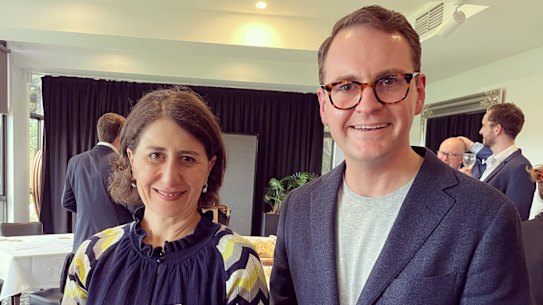 Gladys Berejiklian and Liberal senator Andrew Bragg at a Liberal Party function at Northbridge Golf Club on Sunday.