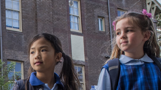 Yeah 2 students Ashleigh Ho and Victoria Spencer outside Chatswood Public School.