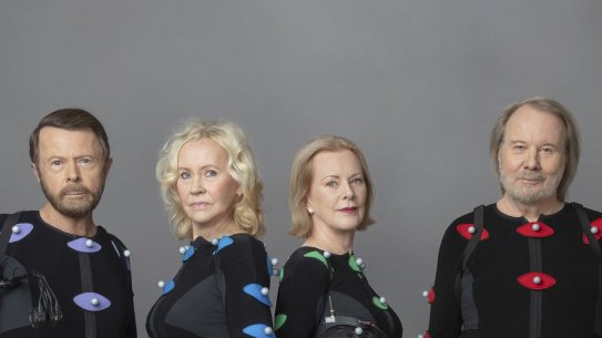 ABBA band members Björn Ulvaeus, Agnetha Fältskog, Anni-Frid Lyngstad (Frida) and Benny Andersson wearing motion capture suits during production of the virtual concert experience ABBA Voyage.
