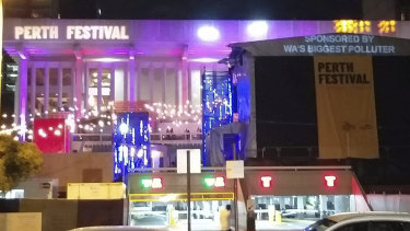 During 2020's Perth Festival, protesters projected anti-Chevron messages onto Perth Concert Hall, a major festival hub. 