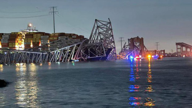 The scene of the Francis Scott Key Bridge collapse in Baltimore, Maryland.