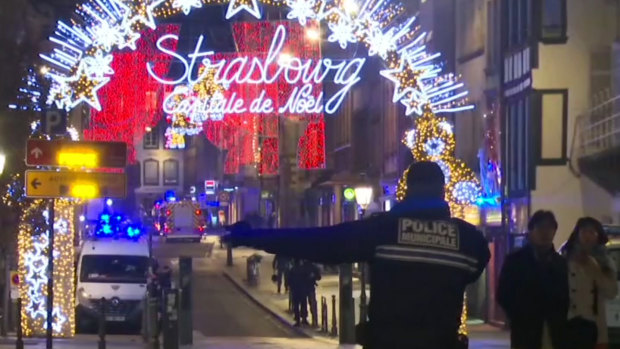 Police at the scene of the shooting, near the Christmas market in Strasbourg.