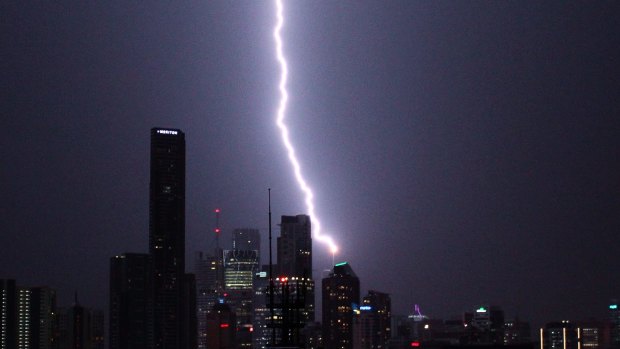 A lightning bolt hits the Brisbane City skyline during a storm last year.