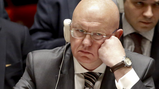 Russia's United Nations Ambassador Vasily Nebenzya listens during the UN Security Council meeting.
