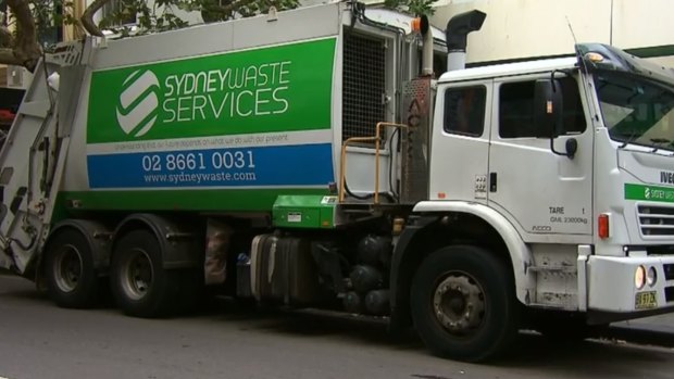 A garbage truck after its driver was arrested in Kings Cross. 