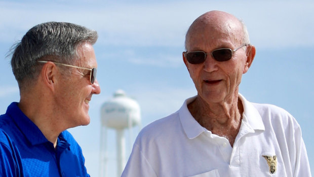 Michael Collins, right, with Kennedy Space Centre director Bob Cabana at Launch Complex 39A. 