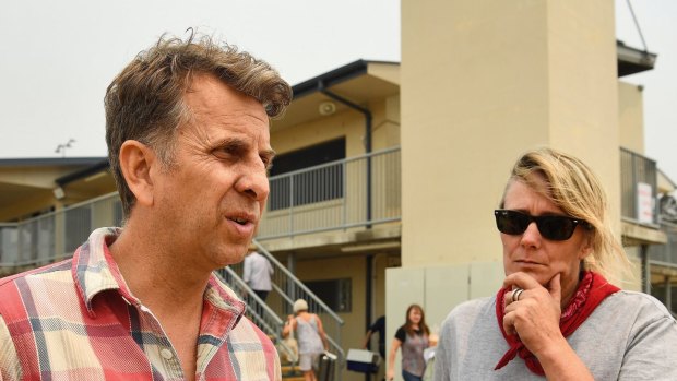 Bega MP Andrew Constance with Eurobodalla Mayor Liz Innes at the evacuation centre in Batemans Bay. 