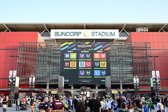Crowds milling outside Suncorp Stadium for Magic Round in Brisbane.