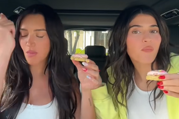 Kylie Jenner eating a Crumbl cookie