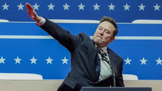 Speaking at a presidential rally in Washington, Musk twice extended his arm out with his palm facing down, drawing comparisons to the Nazi salute.