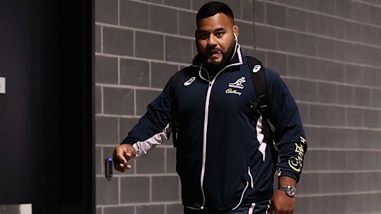 Taniela Tupou arrives for Australia’s second clash with South Africa but took no part in the match. 