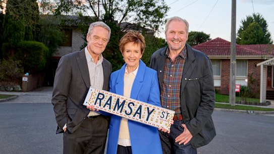 Stefan Dennis, Jackie Woodburne and Alan Fletcher in the final episode of Neighbours.
