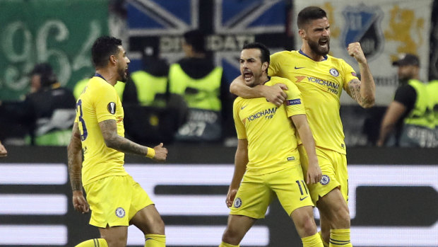 Chelsea's Pedro (second right) celebrates after scoring in the Europa League.