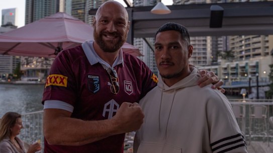 When in Rome: Tyson Fury sports a Queensland Maroons jersey with Jai Opetaia in Brisbane.